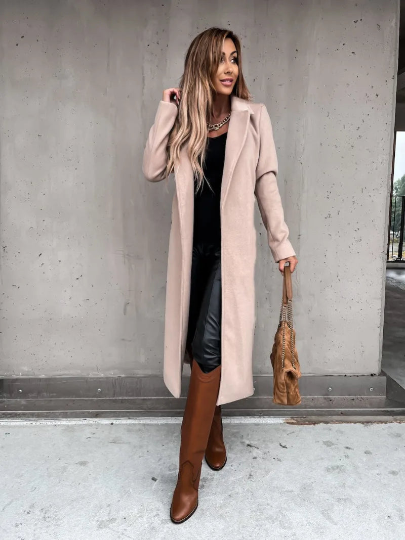 Autumn Winter Women Woolen Jacket Top Outwear Elegant Fashion Long Sleeve Lapel Collar Belt Trench Coat Overcoat Streetwear