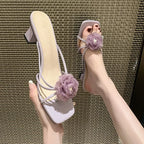 Slippers Women's Sandals Woman Summer 2024 Sweet Flowers Fashion Designer Slides Elegant Party Dress Medium Heel Footwear New In