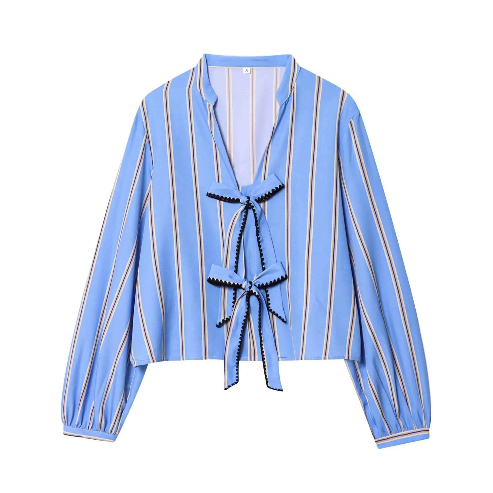Women Striped Printed Lace-Up Shirt With Bow New Puff Long Sleeves V-Neck Hollow Out Blouses Sweet Ladies Fashion Tops