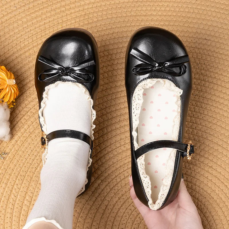 Women Flats Fashion Shoes Spring New Round Shallow Loafers Buckle Soft Sole Non-slip Sneakers Women Mouth Butterfly Knot Metal