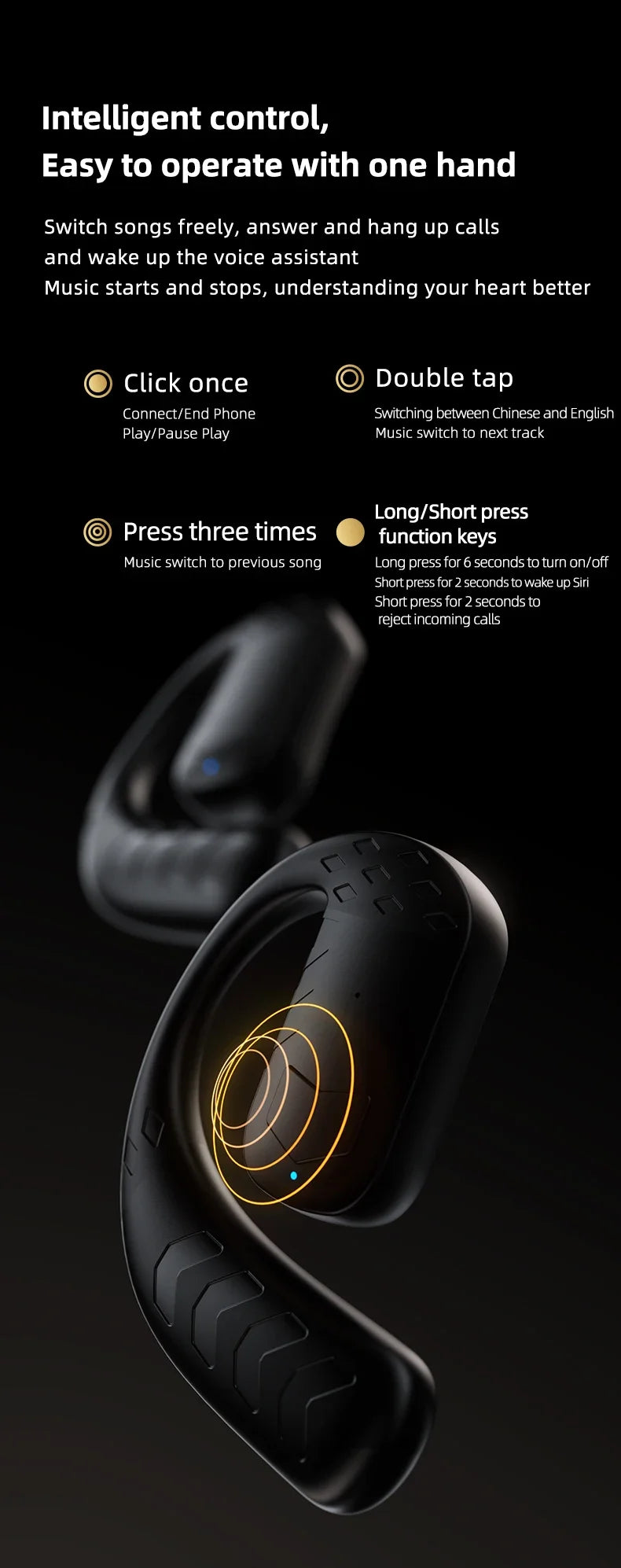 Handsfree Headset Bluetooth Noise Canceling Sports Waterproof Compatible HiFi Stereo Ear Hook Wireless Single Earphone Driving