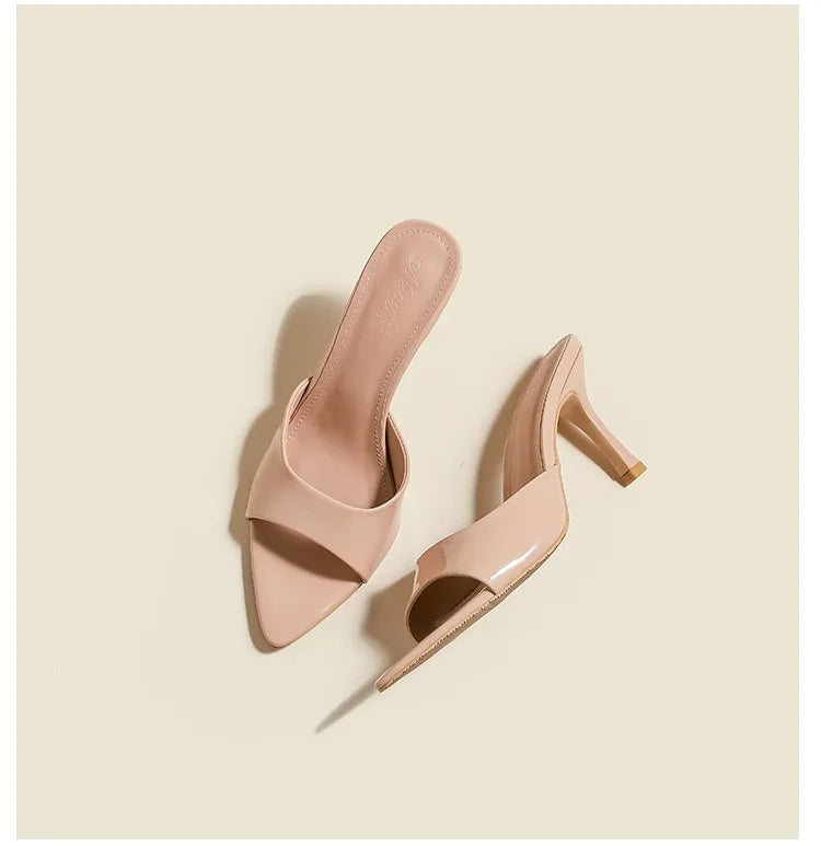 Women's Slippers 2025 New Summer Slim Heel Pointed Toe Worn with A Straight Drag Patent Leather High-heeled Slippers for Womens