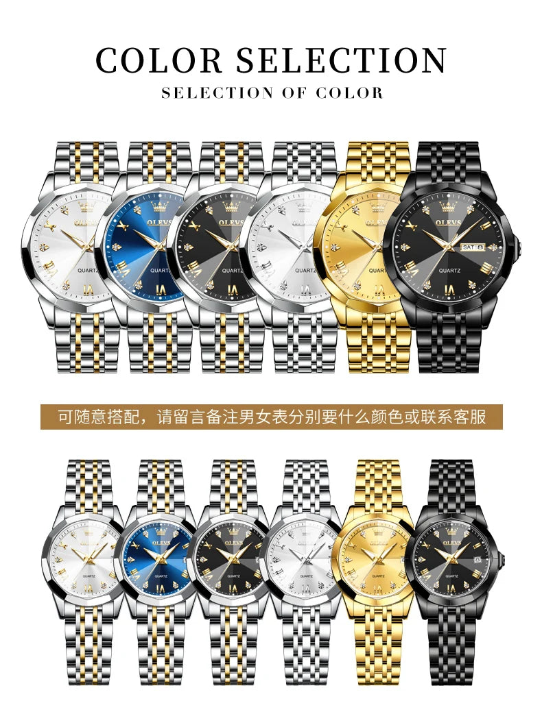 OLEVS 9931 Top Original Couple Watch Stainless Steel Rhombus Mirror Design Luxury Quartz Watch for Men Women Lover's Wristwatch