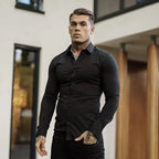 Men's Shirt Fashion Full Sleeve Shirt Men's Muscle Casual Slim-fit Business Dress Solid Color Shirt Men's Gym Fitness Men Shirt