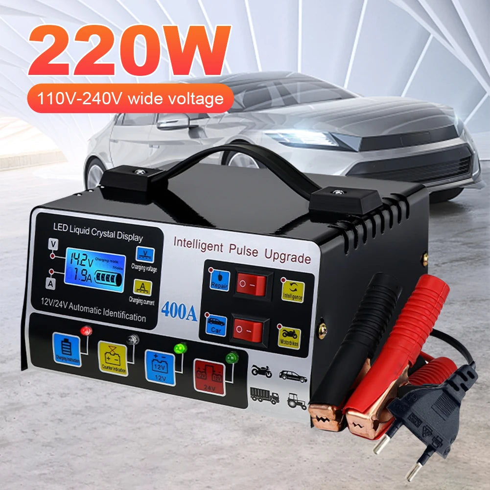 400A Heavy Duty Smart Battery Charger 12V/24V Battery High Power Fast Charger Five-Stage Intelligent Pulse Repair Charger 220W