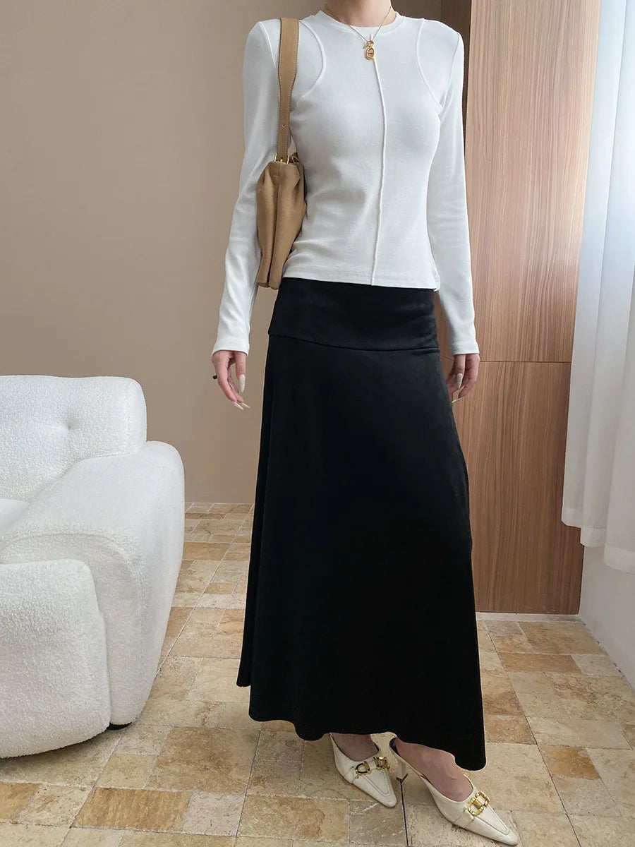 Women's casual stitching slim fit shoulder slimming base long sleeved T-shirt