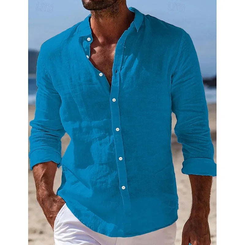 Men's Shirt Linen Shirt Summer Beach Shirt Button Solid Color Casual Daily Black White Pink Navy Blue Long Sleeve Lapel XS-6XL