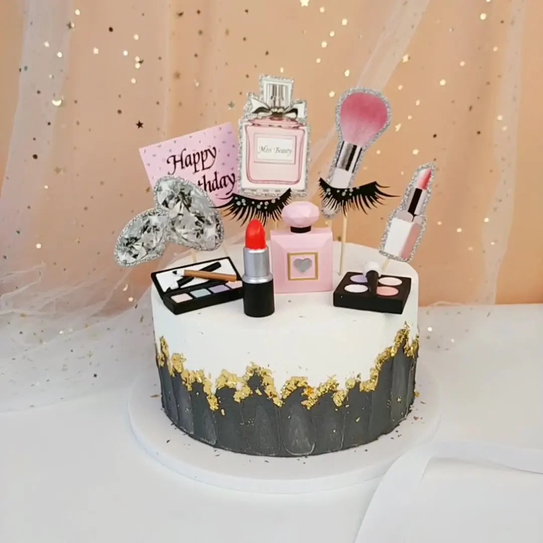 Girl's Birthday Party Cosmetics Decorations Lipstick Perfume Bottle Eyeshadow Box Cake Top Lady's Mom's Birthday Cupcake Toppers