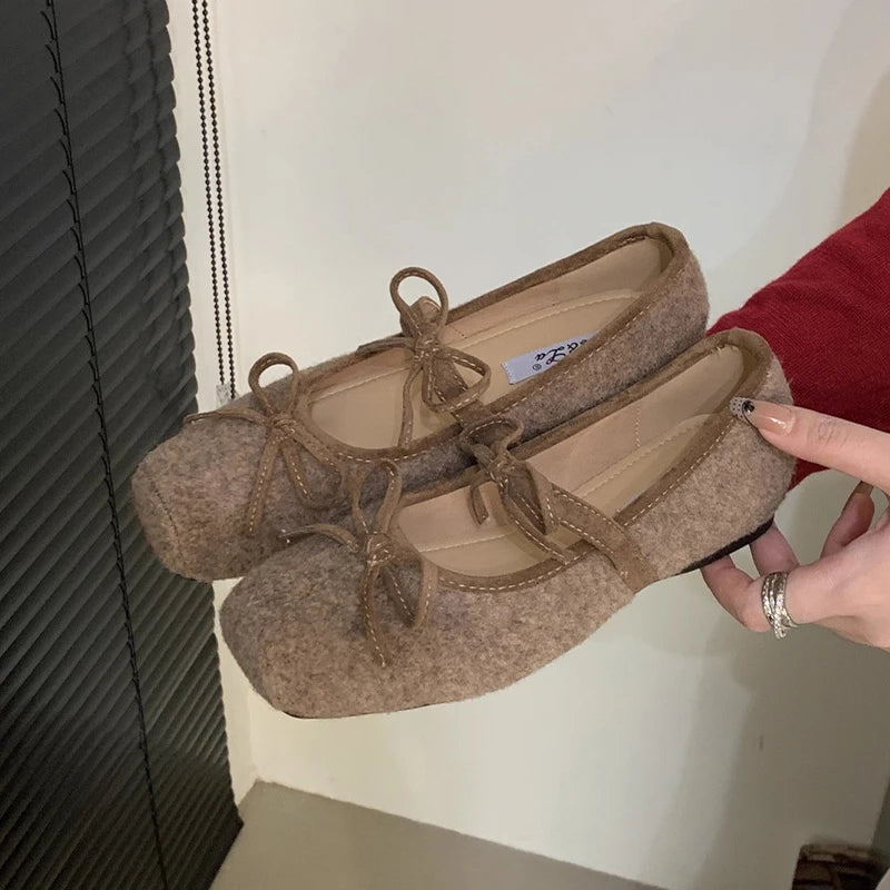 Flats Women's Loafers Shoes Shallow Suede Bow Fashion Shoes Square Toe Casual Dress Autumn 2025 Designer Cozy Zapatos De Mujer