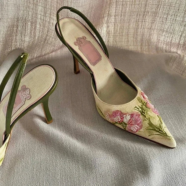 High Heels Women Sandals Flower Elegant Heeled Shoes Pointed Toe Woman Slippers S2025 Summer New Pumps Luxury Sandalias De Mujer