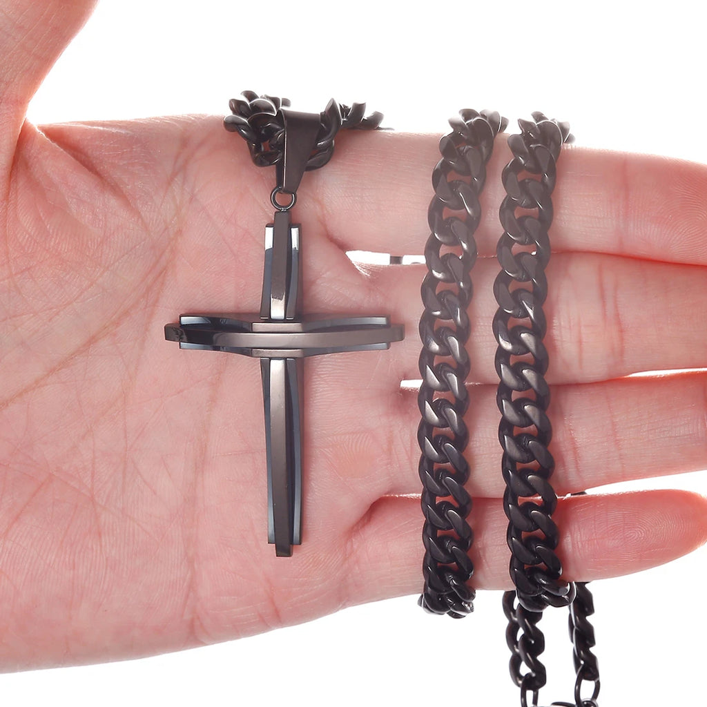 Vintage Cross Pendant Necklace Punk New Design Classic 316L Stainless Steel Curb Chain Men Women Necklace Jewelry