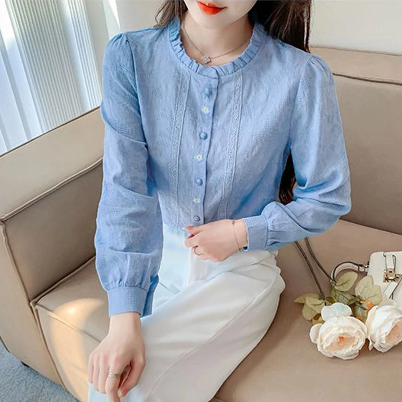 Woman's Embroidery Cotton Long-Sleeved Shirt New Stand Collar Stitching Ruffled Shirts Female Temperament Age-Reducing Thin Top