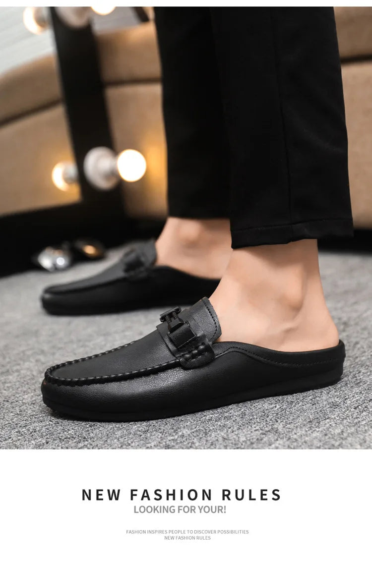 Men Half Slippers 2025 Summer Breathable Mens Casual Shoes Comfortable Walking Loafers Moccasins PU Leather Men Fashion Slippers