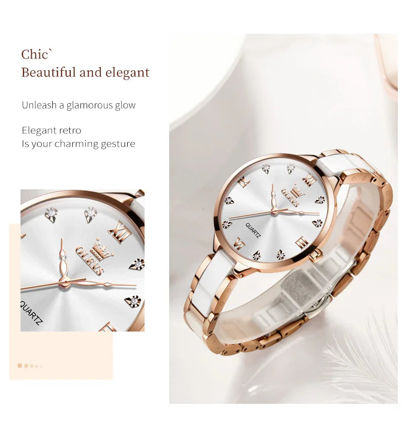 OLEVS 5872 Woman Watches Imported Japan Quartz Movement Waterproof Watch for Women Elegant Ceramic Strap Ladies Wristwatch Gifts
