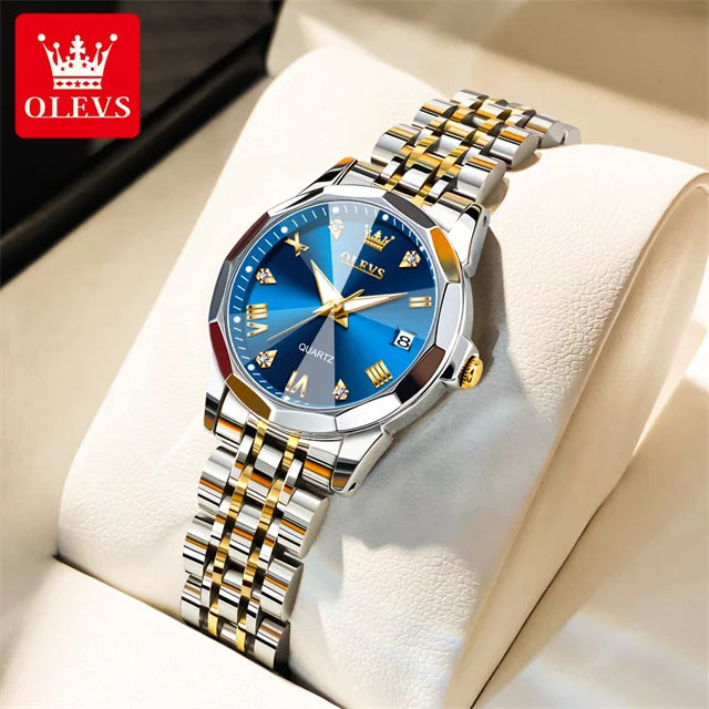 OLEVS 9931 Top Original Couple Watch Stainless Steel Rhombus Mirror Design Luxury Quartz Watch for Men Women Lover's Wristwatch