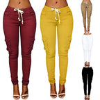 Pants Casual Solid Color Women Trousers Skinny Cargo Pockets Drawstring Joggers Trousers
