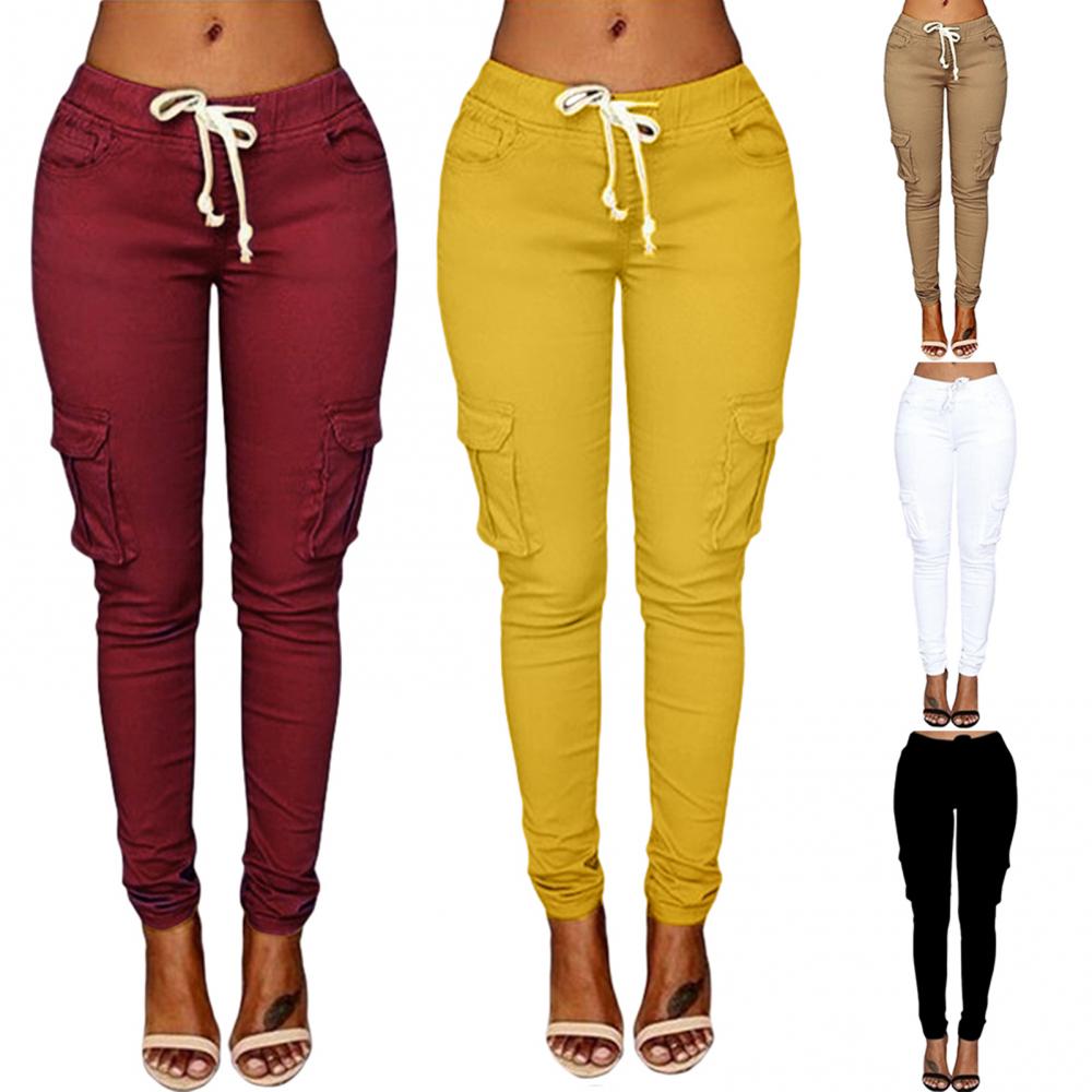 Pants Casual Solid Color Women Trousers Skinny Cargo Pockets Drawstring Joggers Trousers