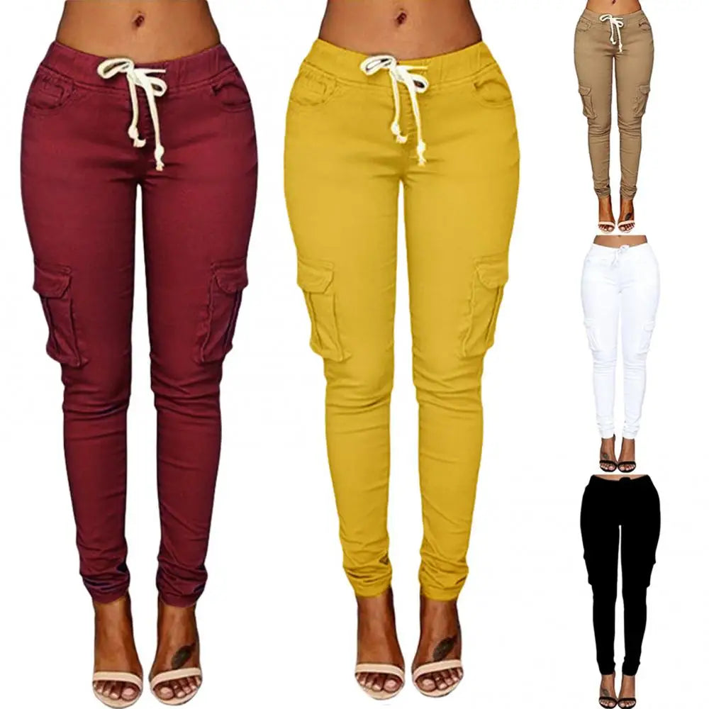 Pants Casual Solid Color Women Trousers Skinny Cargo Pockets Drawstring Joggers Trousers