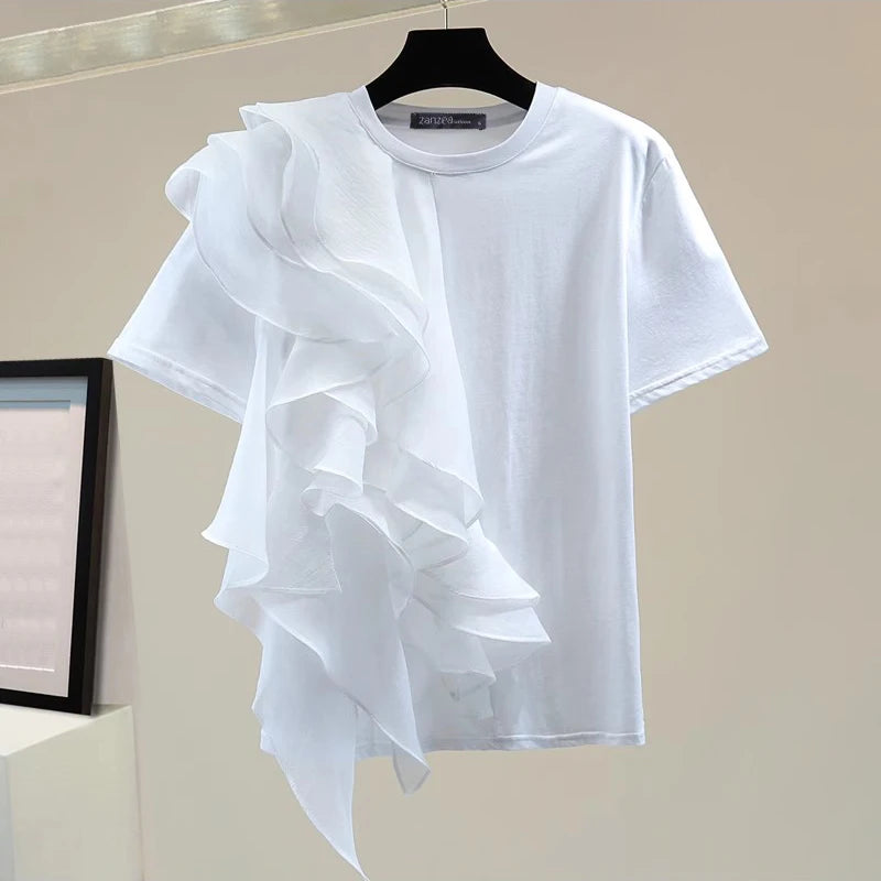ZANZEA Women Ruffled Stitching Blouse Fashion Holiday O-neck Tops 2024 Summer Short Sleeve Tunics Casual Loose Solid Blusa Femme