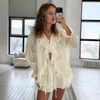 Ruffled Leisure Suit with Loose Top and Shorts for Women