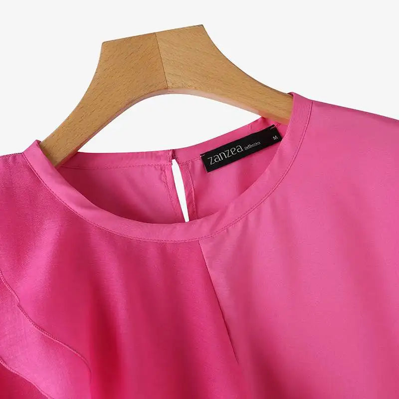 ZANZEA Women Ruffled Stitching Blouse Fashion Holiday O-neck Tops 2024 Summer Short Sleeve Tunics Casual Loose Solid Blusa Femme