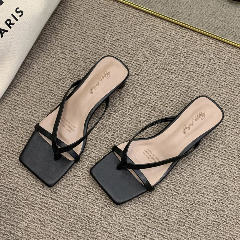 High Heels Comfortable New Summer Solid Leather Slippers Female Shoes Women Shoes Woman Fashion Cool Mules Slides Flip Flops