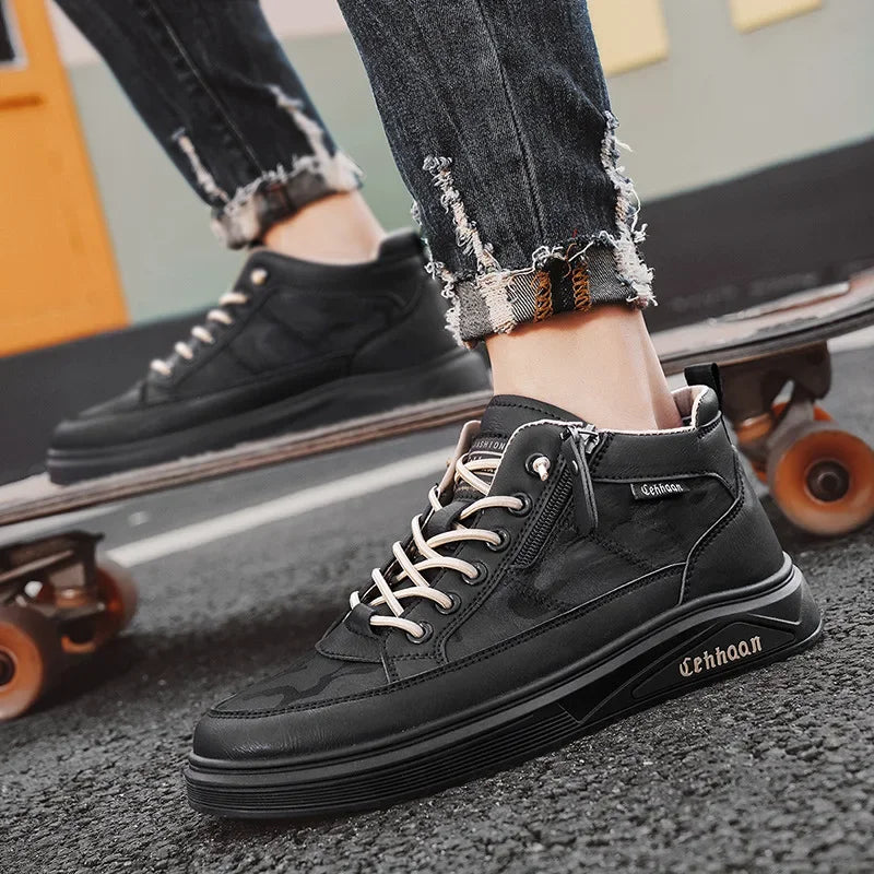 Men's Mid-top Shoes with Simple Solid Color Design Flat Bottom for All Seasons Durable  Anti-slip Lace-up Walking Casual Shoes