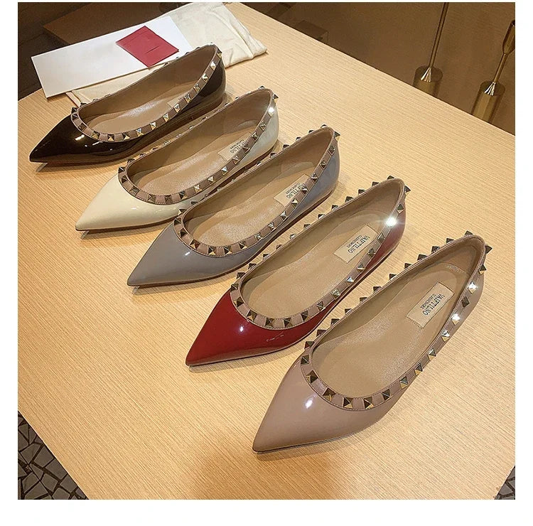 Women's Flat Shoes luxury woman shoes Leather Brand Rivet Flat Shoes Comfortable Casual Outdoor Pointed Toe Shallow Ladies shoes