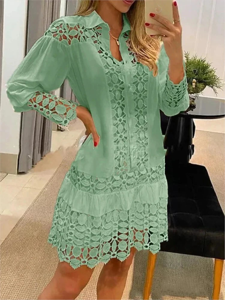 Women Lace Stitching Sexy Hollow Out And Transparent Dress Not Lined Elegant Office Spring Casual Long Sleeve White Shirt Dress