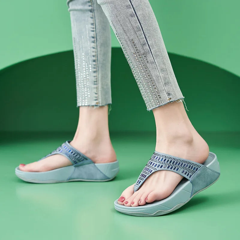 Women's Sandals Summer  Casual Non-Slip Suede  Diamond Soft Platform Wedge Flip Flop Walking Beach Slippers Shoes Woman