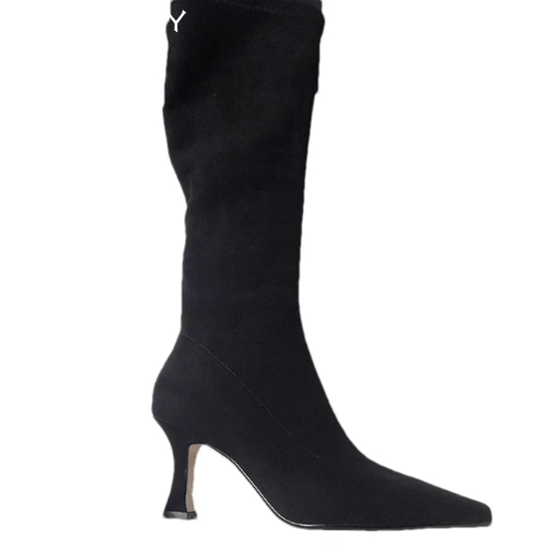 High Heels Women High Boots Suede Pointed Toe Elegant Knee High Shoes Woman Trend Fashion Sexy Pumps Party Chelsea Boots Mujer