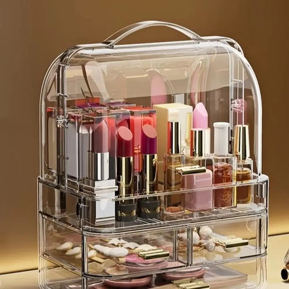 Drawer Style Cosmetics Storage Box Clear with Lid and Handle Makeup Storage Rack Desktop Organizer Dustproof
