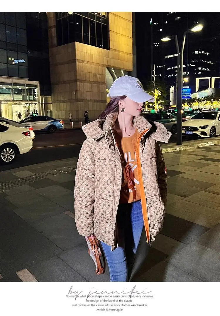 Winter Letter Print Hooded Jacket Women Clothing Trend Zipper Parkas Puffer Down Cotton Coats Design Vintage Windproof Outerwear