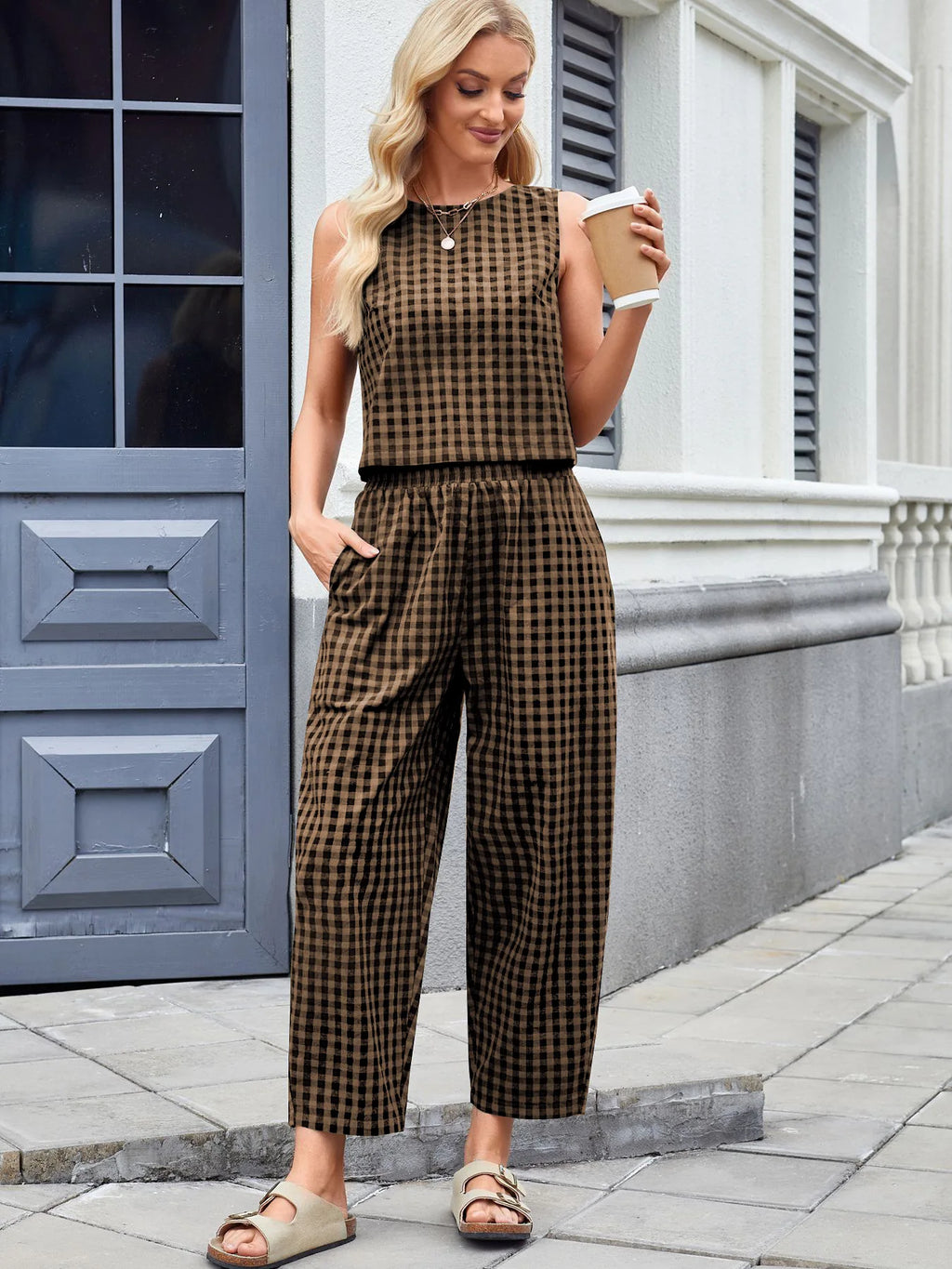 Fashion Women's Pants Set Printed Plaid Sleeveless 2025 Spring Summer Relaxed Vest Nine Point Pants Home Wear Female 2 Piece Set
