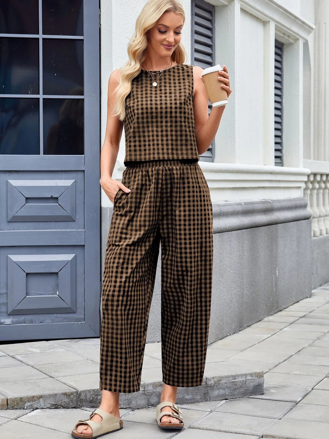 Fashion Women's Pants Set Printed Plaid Sleeveless 2025 Spring Summer Relaxed Vest Nine Point Pants Home Wear Female 2 Piece Set