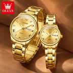 OLEVS Luxury Gold Couple Watches Stainless Steel Original Quartz Watch for Lover Waterproof Luminous Date Week Trend Dress New