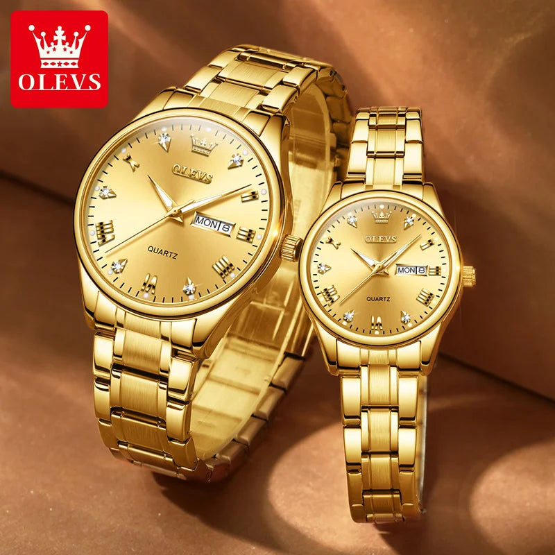 OLEVS Luxury Gold Couple Watches Stainless Steel Original Quartz Watch for Lover Waterproof Luminous Date Week Trend Dress New