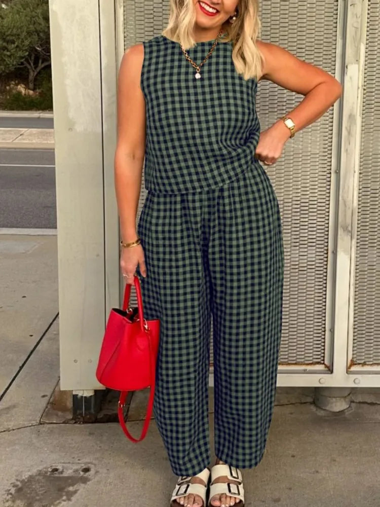 Fashion Women's Pants Set Printed Plaid Sleeveless 2025 Spring Summer Relaxed Vest Nine Point Pants Home Wear Female 2 Piece Set