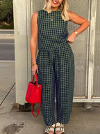 Fashion Women's Pants Set Printed Plaid Sleeveless 2025 Spring Summer Relaxed Vest Nine Point Pants Home Wear Female 2 Piece Set