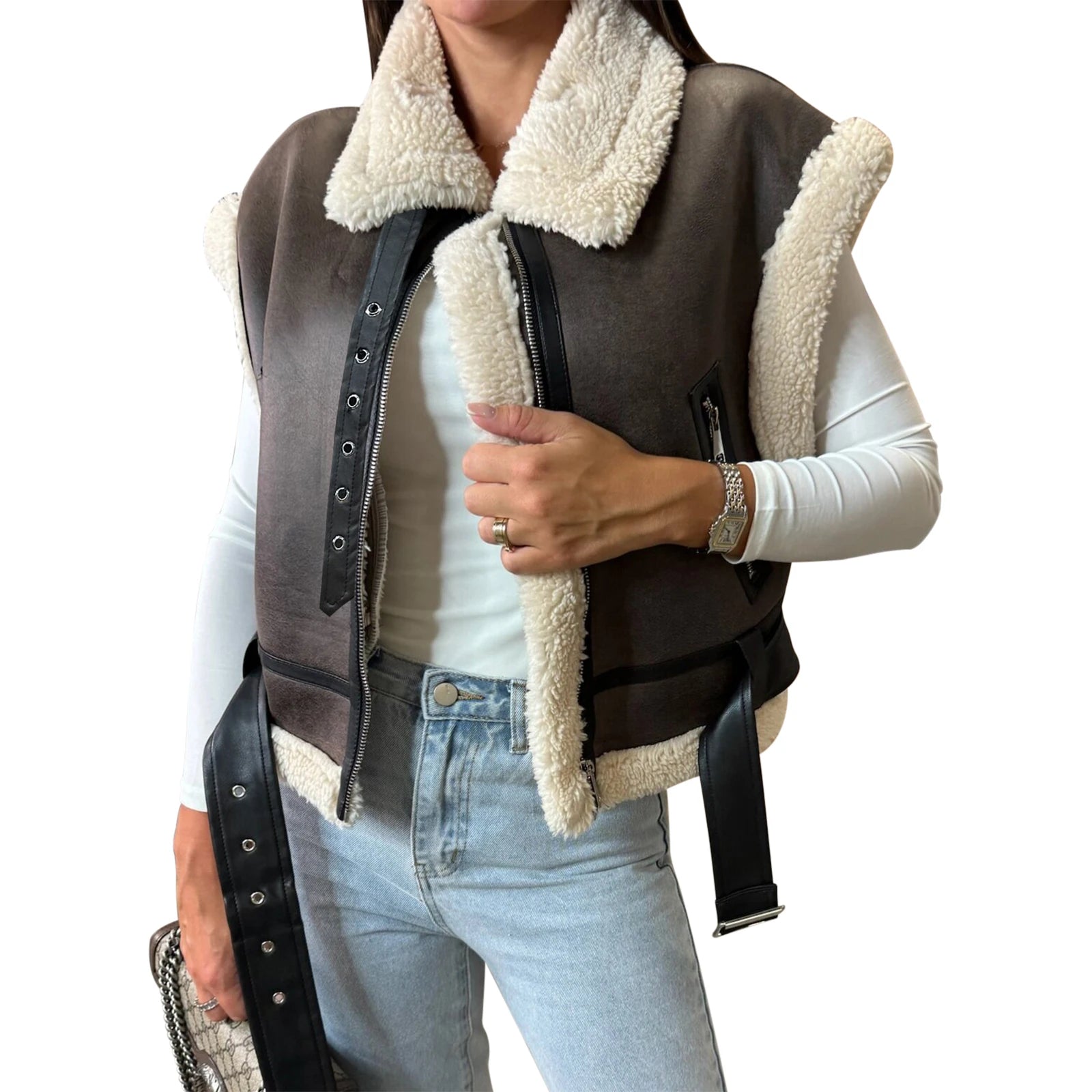 Women Winter Faux Suede Vest Sleeveless Zipper Up Fleece Sherpa Lined Jacket Fashion Solid Color Casual Outerwear Coat!