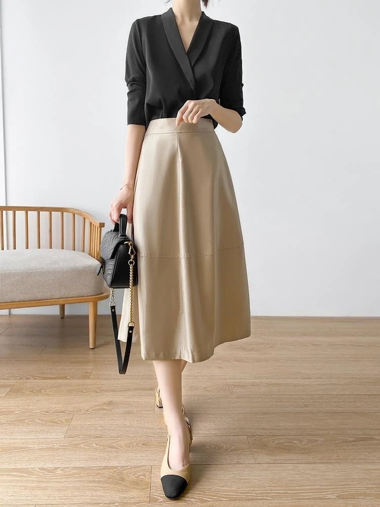 Women's Tunic V Neck Solid Color Elegant Blouses Spring Autumn Office Lady Silk Satin Solid Black White Long Sleeve Shirt Women