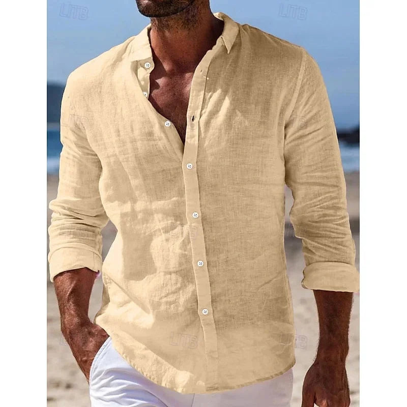 Men's Shirt Linen Shirt Summer Beach Shirt Button Solid Color Casual Daily Black White Pink Navy Blue Long Sleeve Lapel XS-6XL