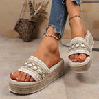 Women's Slippers  for Beach Heeled Sandals Bohemian Handmade Ladies Espadrillesm Ethnic Style Cotton Rope Platform Shoes