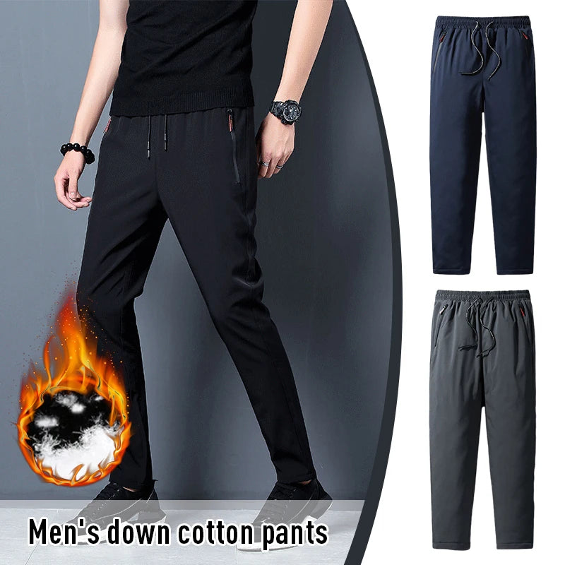 Men Winter Warm Pant Thicken Waterproof Down Cotton Lined Casual Sport Pants Joggers Trousers Cotton-padded Solid Lace-up Pant