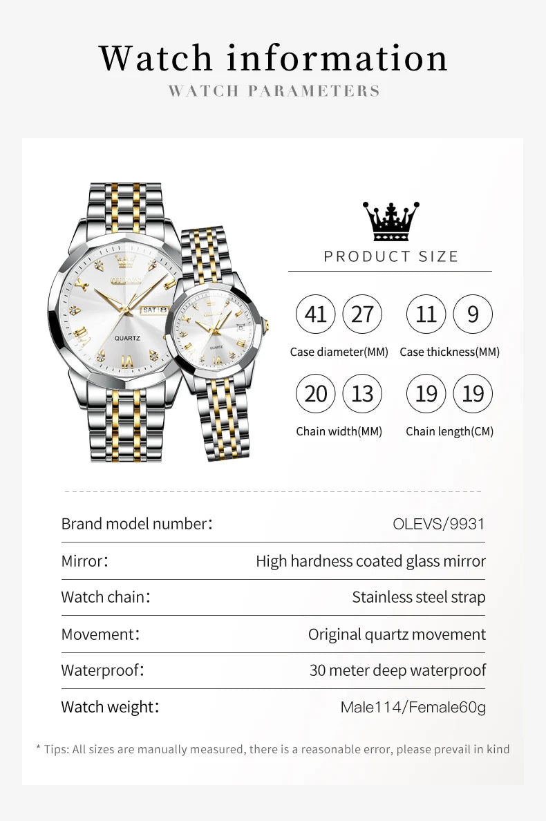 OLEVS 9931 Top Original Couple Watch Stainless Steel Rhombus Mirror Design Luxury Quartz Watch for Men Women Lover's Wristwatch