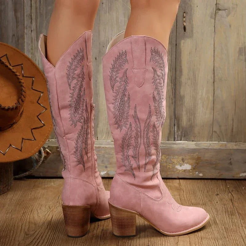 Women Thick Heels Western Boots Women  Autumn Chunky Heels Knee High Cowboy Boots Woman Pointed Toe Chunky Heeled Long Botas 202