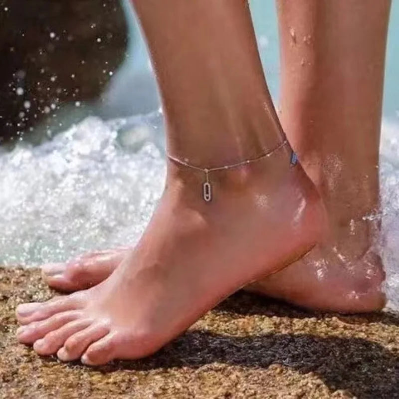 Geometric Oval Pendant Anklets for Women Sliver Color Vintage Crystal Chain Charm Anklet Beach Foot Jewelry