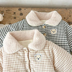 Winter Baby Girl Clothing  Plaid Coat Warm Fleece Lined Cartoon Bear Embroidery Children Cotton Padded Jacket