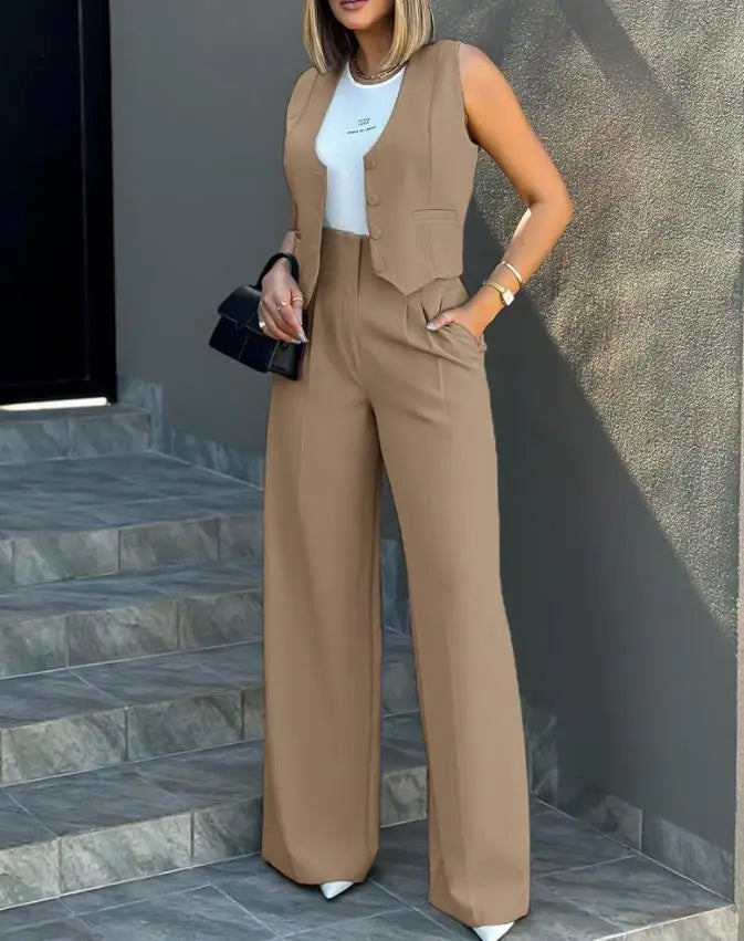 Pant Sets Women Wide Leg Pants Two Piece Suit Single Breasted Vets Sleeveless High Waist Elegant Trousers Pockets Solid Outwear