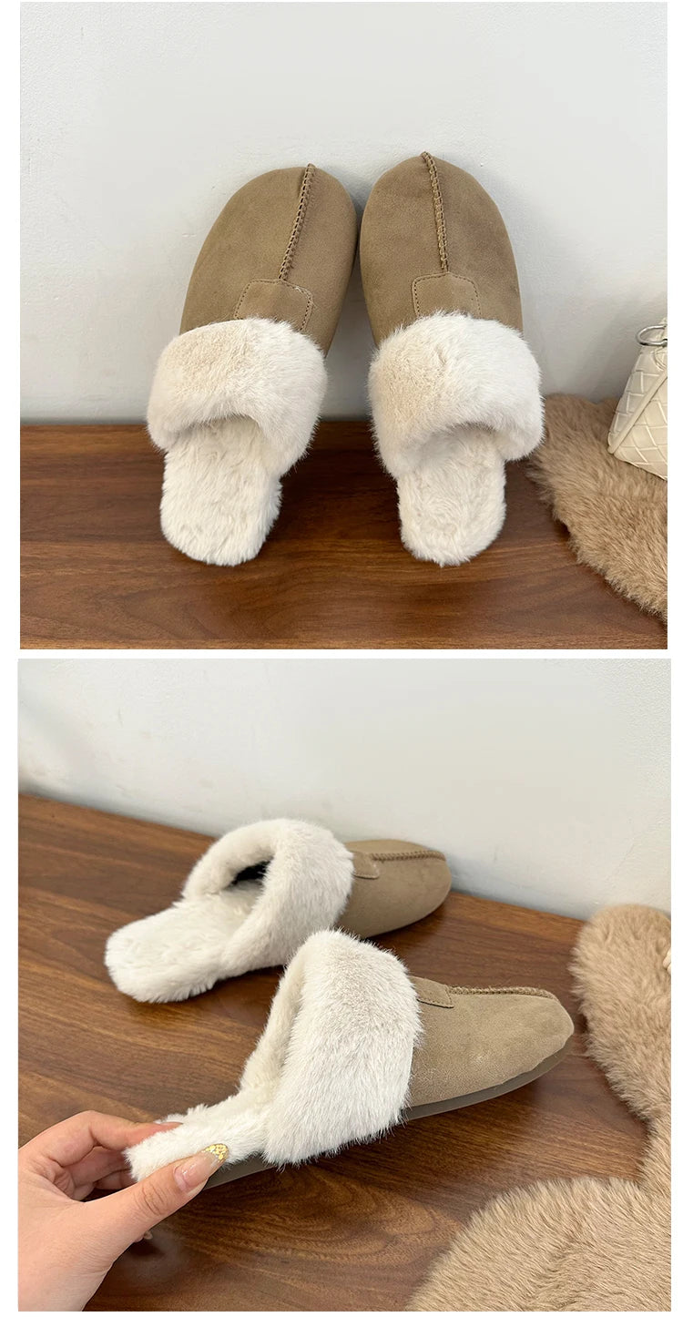 Fur Flats Women Cotton Slippers Fashion Warm Shoes Winter Short Plush Designer Cozy Woman Boots 2025 New Dress Mujer De Boots